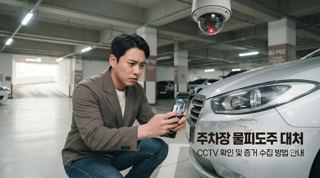 주차장에서 자동차 바퀴와 휴대전화를 확인하는 남성