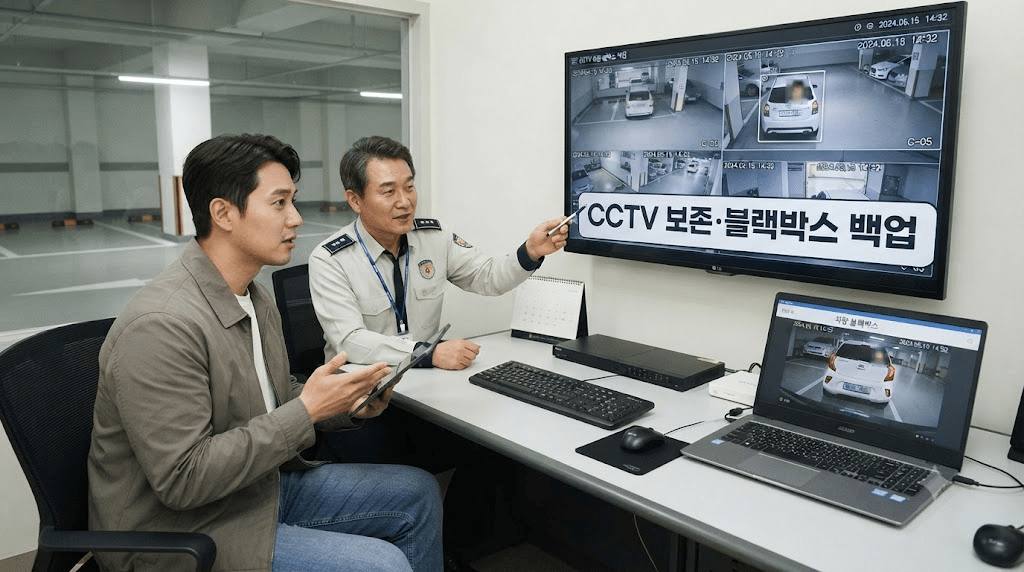 감시 카메라 화면을 확인하는 두 사람
