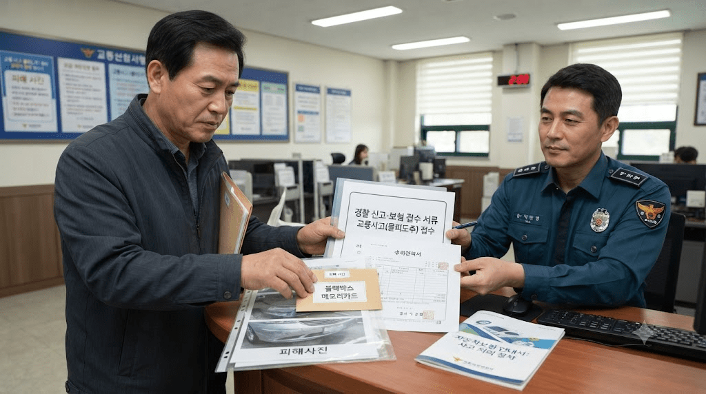 경찰관과 안내 자료를 확인하는 남성