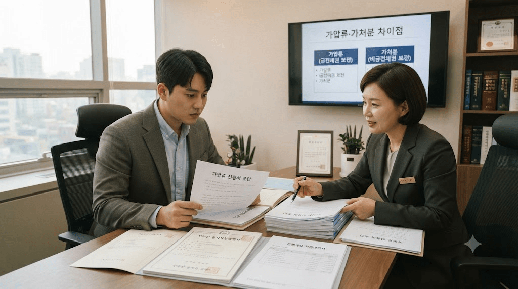 상담 창구에서 서류를 함께 검토하는 두 사람
