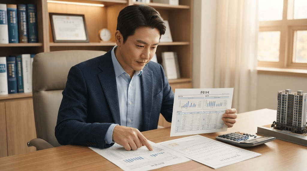 책상에 펼친 서류를 검토하는 남성