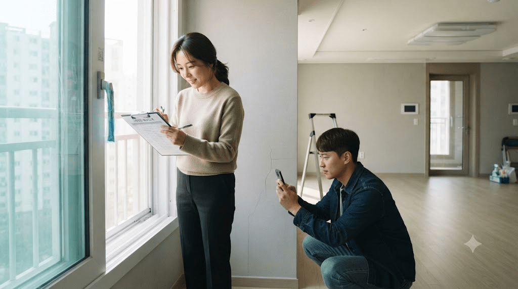 빈 방의 창문과 벽을 점검하는 두 사람
