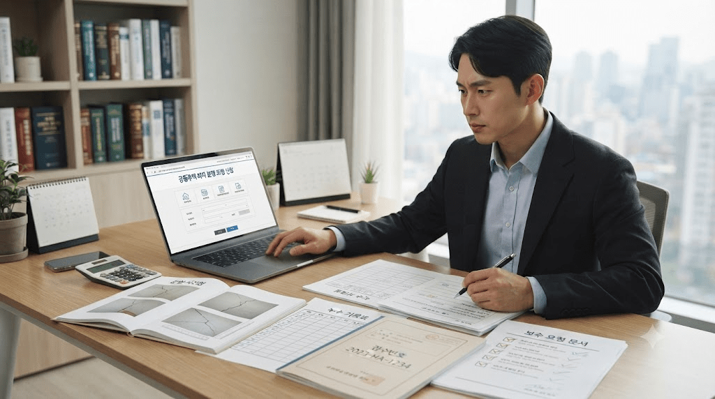 노트북 또는 컴퓨터 화면과 서류를 확인하는 남성