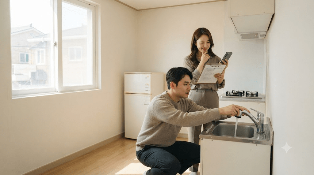 빈 방의 창가와 배관을 점검하는 두 사람