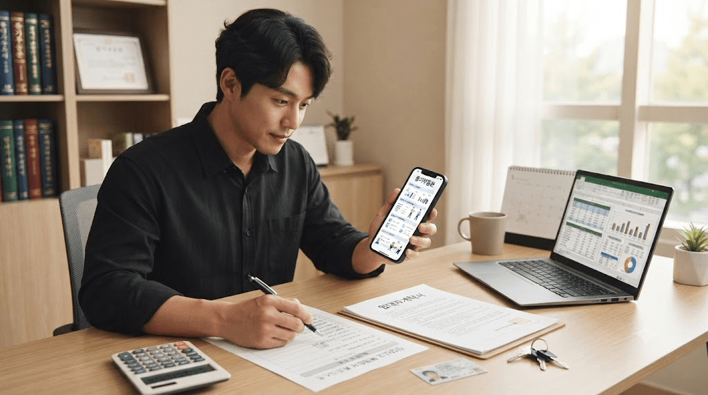 휴대전화 화면을 확인하는 남성