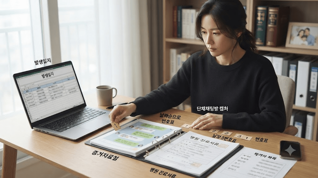 노트북 화면과 서류를 확인하는 여성