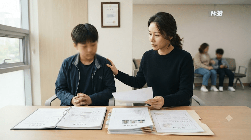 서류를 함께 확인하는 보호자와 아이