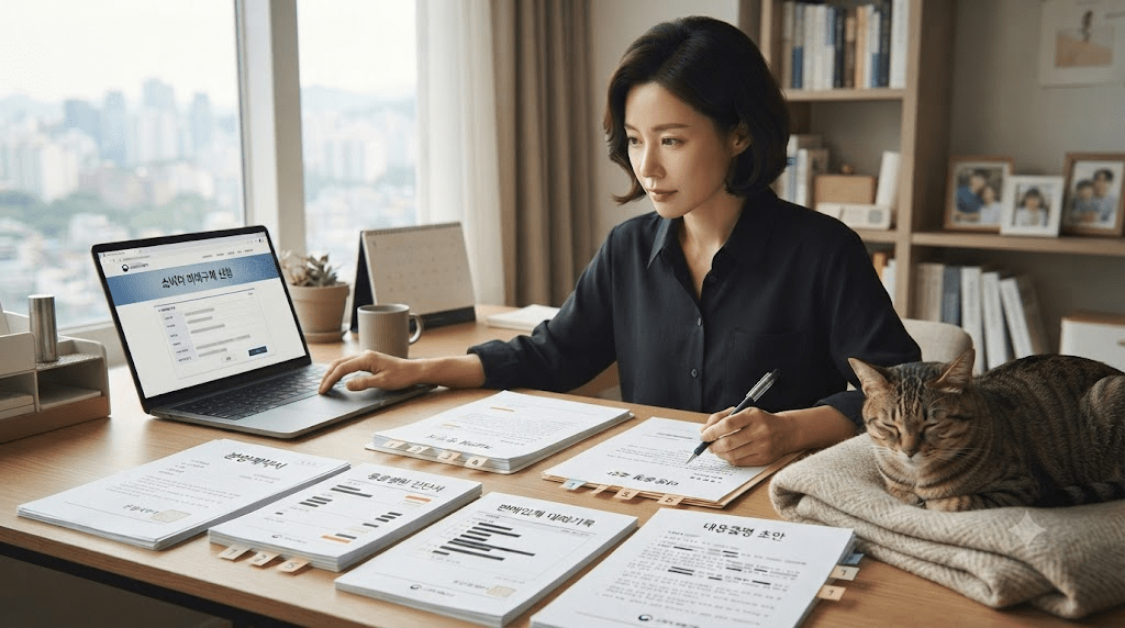 노트북 화면과 서류를 확인하는 여성