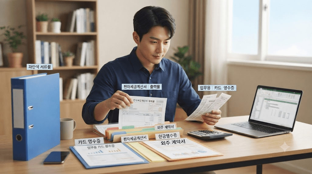 책상에 펼친 서류를 검토하는 남성