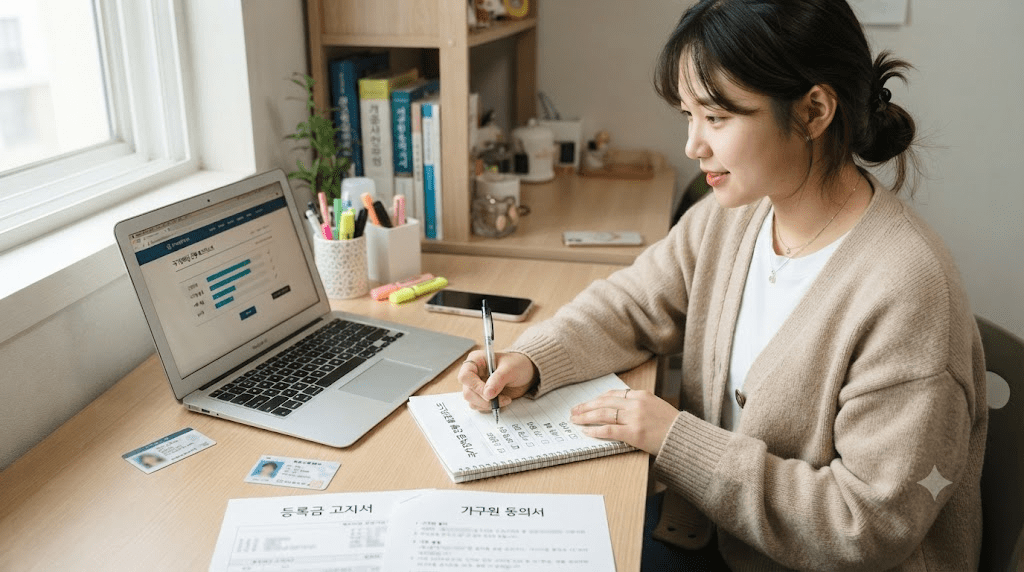 노트북 화면과 서류를 확인하는 여성