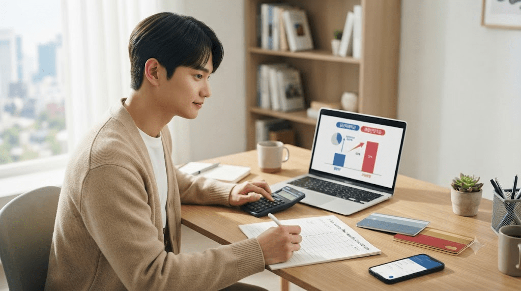 노트북 또는 컴퓨터 화면과 서류를 확인하는 남성