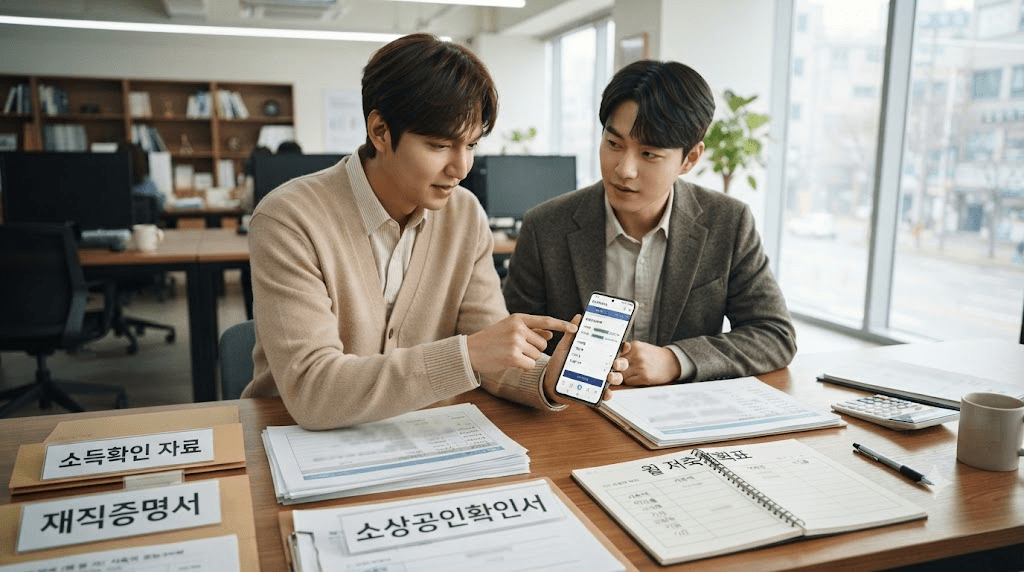 서류를 함께 검토하는 두 남성