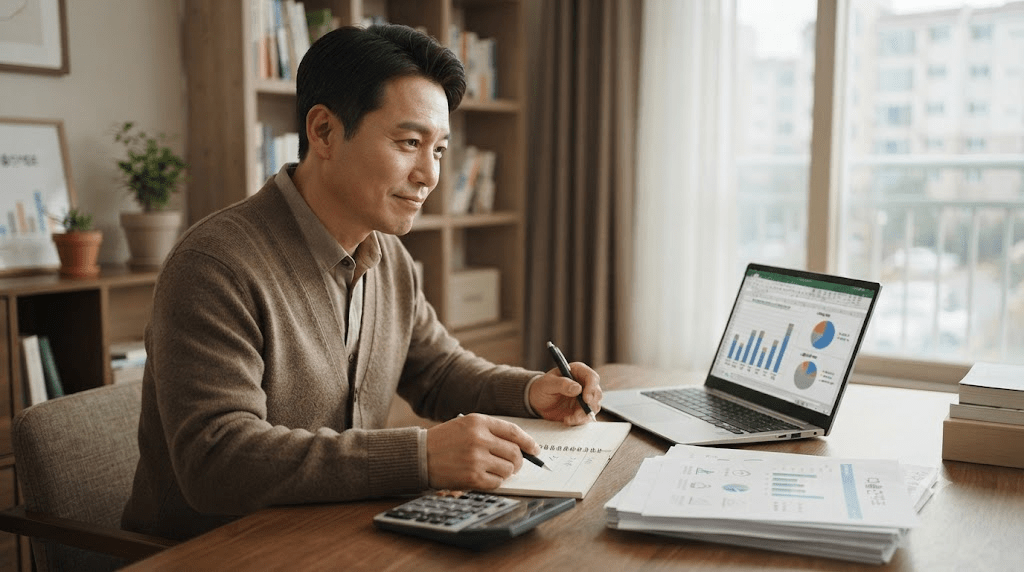 노트북 또는 컴퓨터 화면과 서류를 확인하는 남성