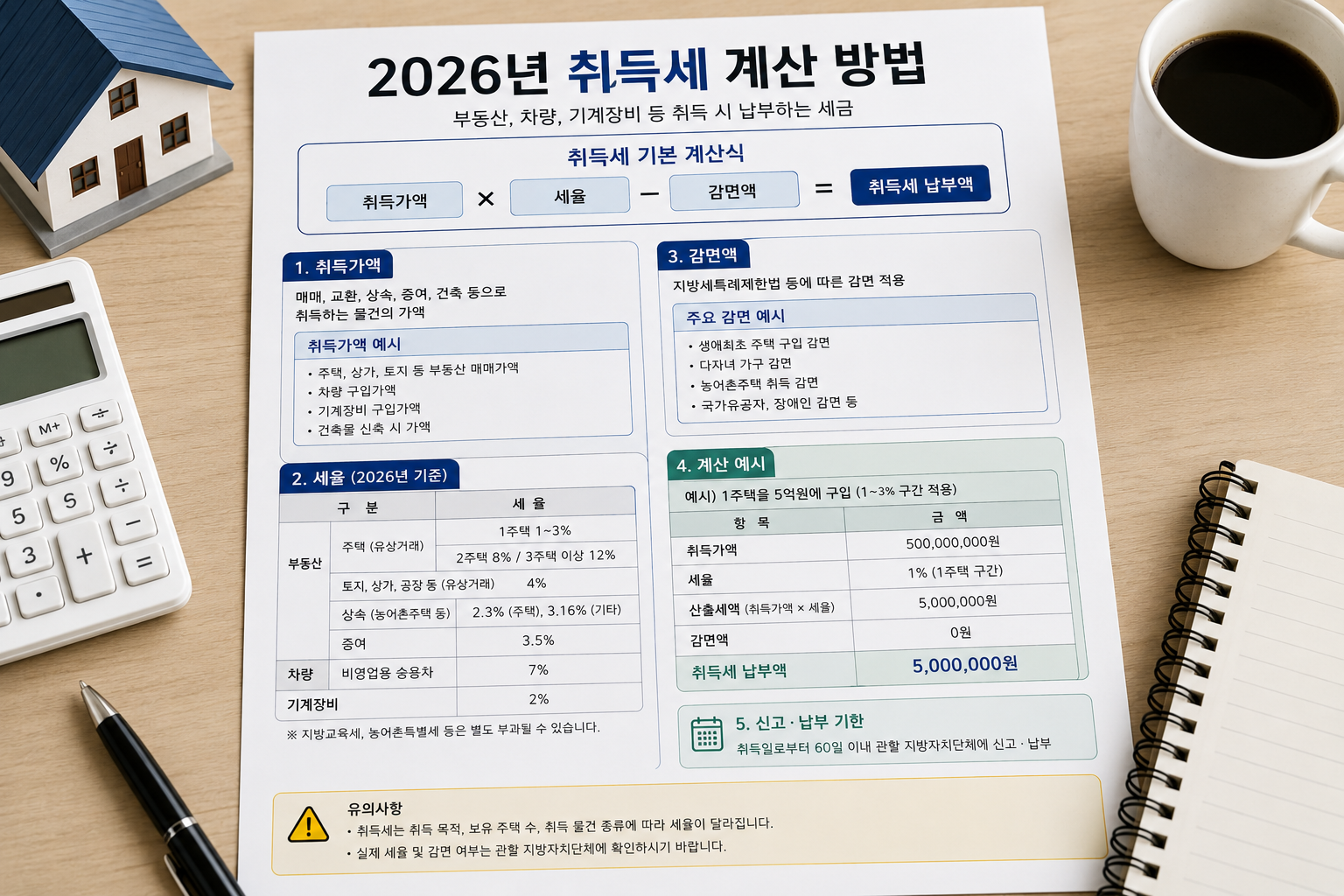 2026 취득세 계산 방법｜아파트·주택 매수 시 세율·감면·신고기한 총정리