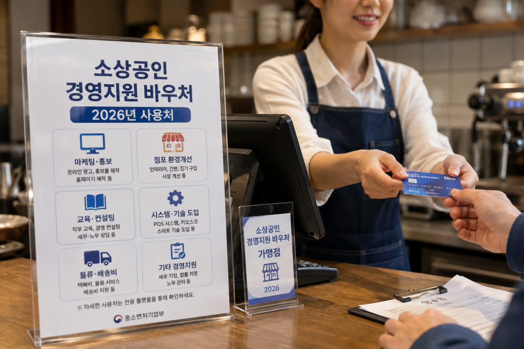 소상공인 경영지원 바우처 안내 자료와 카드를 주고받는 사람들