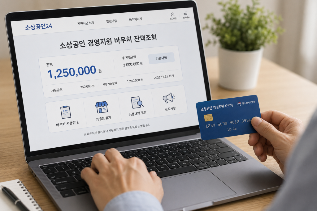 소상공인 경영지원 바우처 화면과 카드를 보는 손