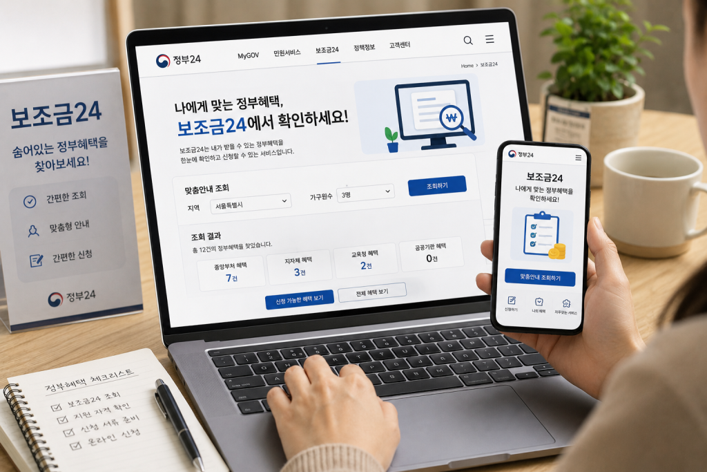 보조금24 안내 화면을 확인하는 손