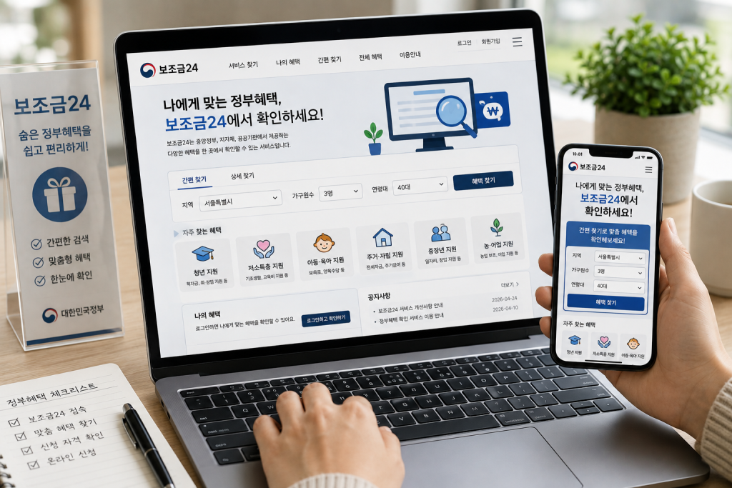 보조금24 신청 화면을 확인하는 손