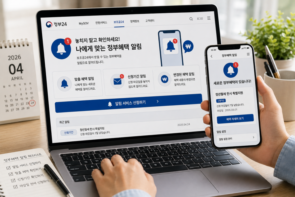 보조금24 지원 안내 화면을 확인하는 손
