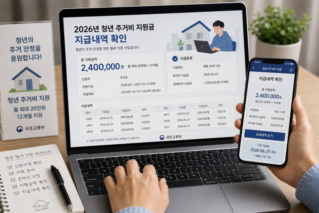 청년 주거비 지원 안내 자료를 확인하는 손