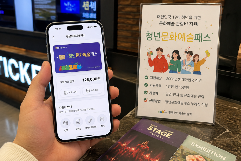 청년문화예술패스 휴대전화 화면과 공연 안내 자료