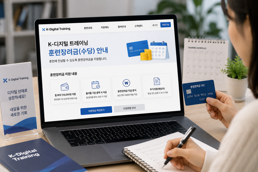 K-디지털 트레이닝 훈련장려금 화면을 보는 여성