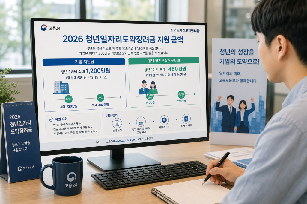 청년 일자리 도약장려금 지원액 화면을 보는 남성