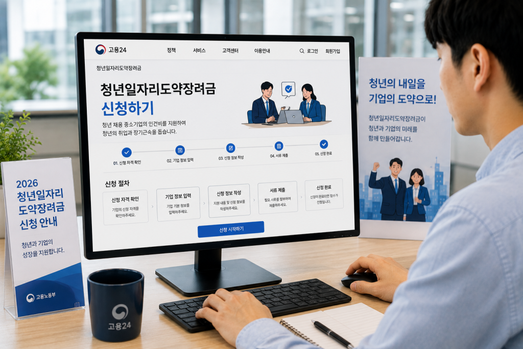 청년 일자리 도약장려금 신청 화면을 보는 남성