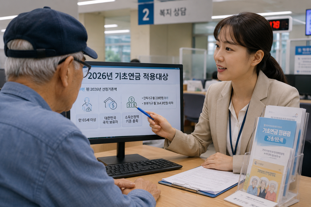 기초연금 안내 자료를 보며 상담하는 사람들