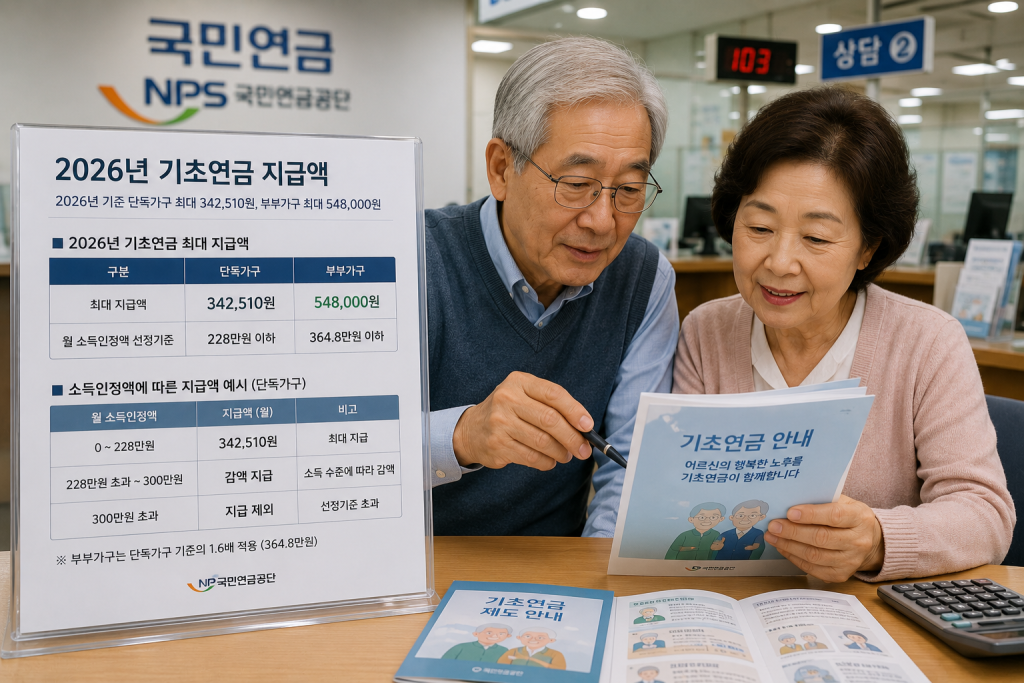 국민연금과 기초연금 안내서를 확인하는 노부부