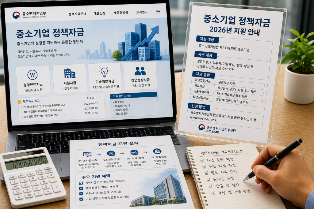 중소기업 정책자금 안내 자료가 있는 노트북과 서류
