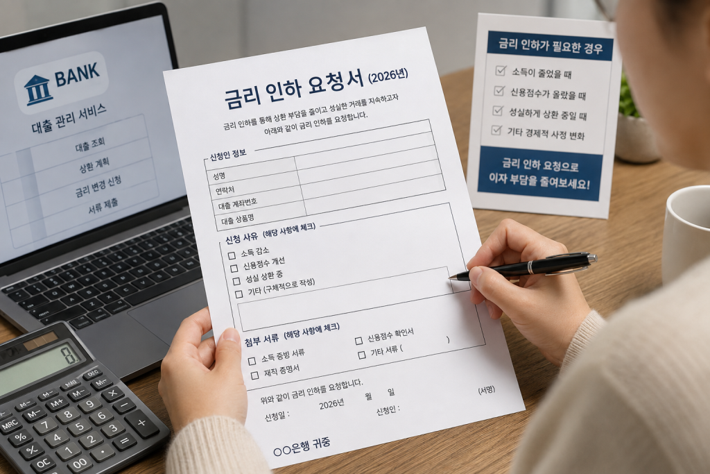 금리 인하 요청서를 작성하는 손