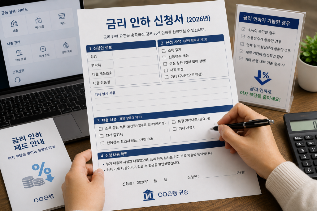 금리 인하 신청서를 확인하는 손