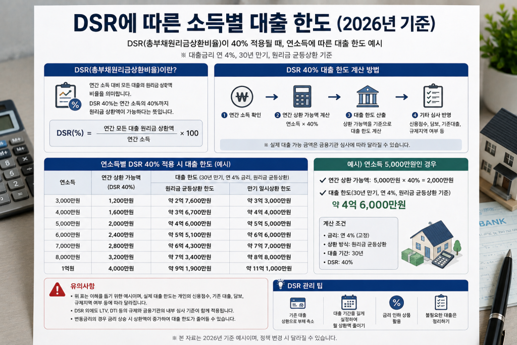 DSR에 따른 소득별 대출 한도 인포그래픽