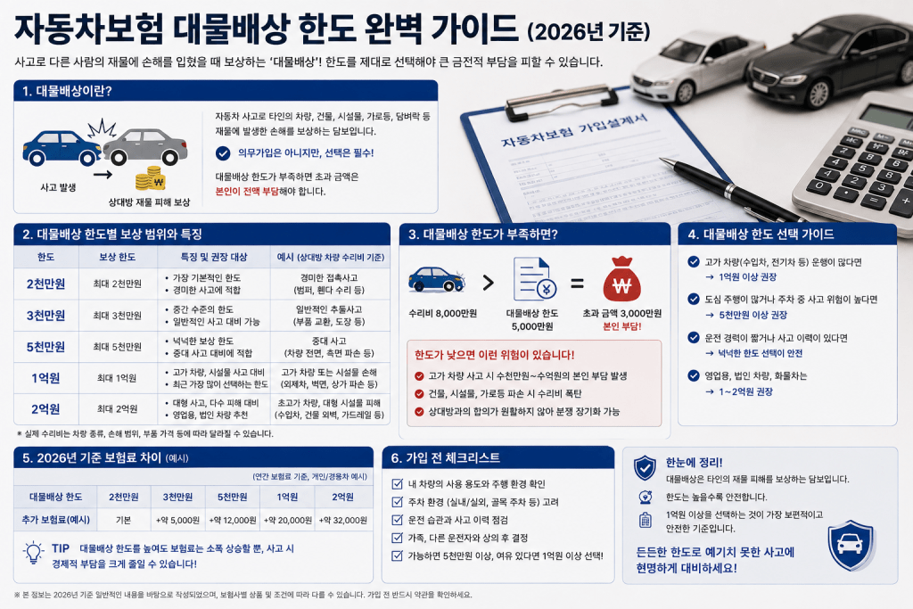 자동차보험 대물배상 한도별 보상 범위와 한도 부족 시 부담을 설명하는 인포그래픽