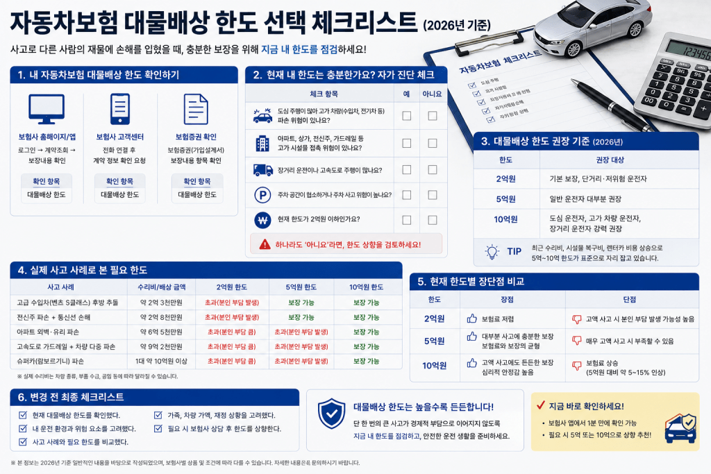 자동차보험 대물배상 한도 선택 체크리스트 인포그래픽