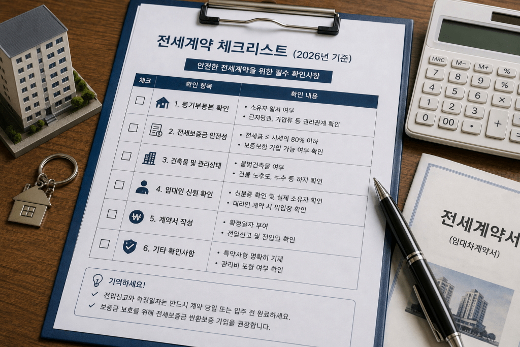 등기부등본, 보증금 안전성, 건축물 상태, 임대인 신원과 계약서 확인 항목을 담은 전세계약 체크리스트 예시
