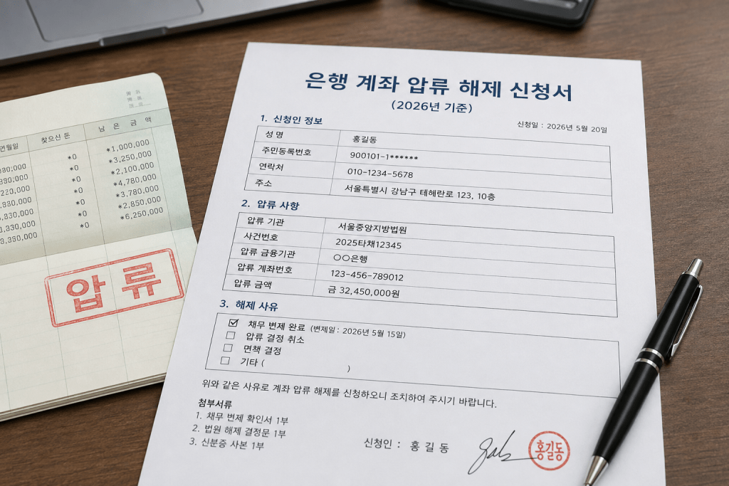 통장 계좌 압류 해제 신청서 예시