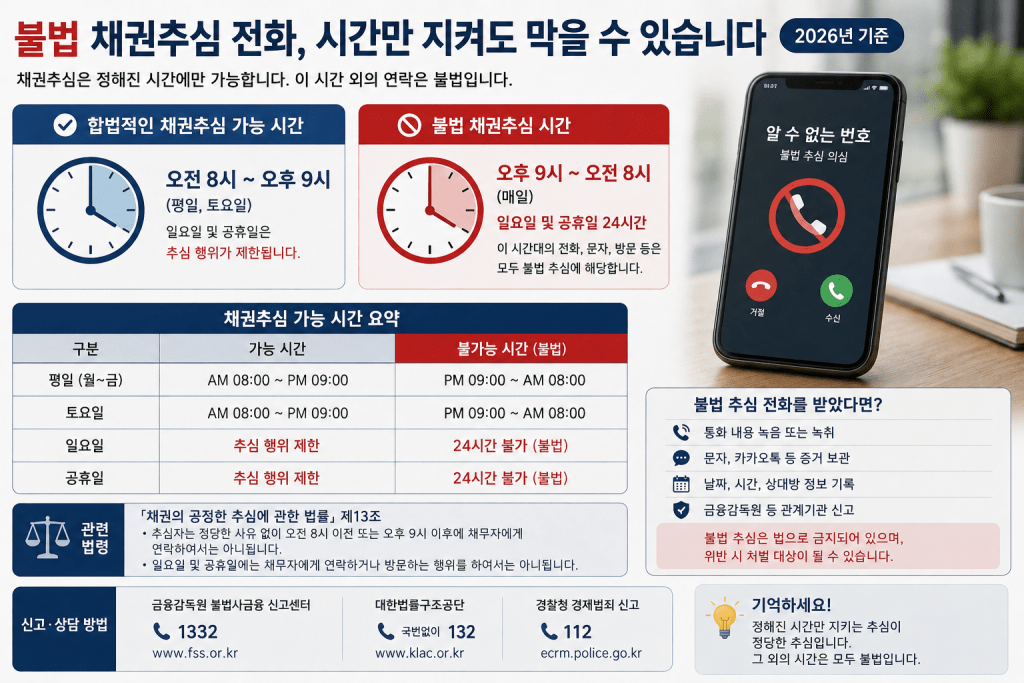 불법 채권추심 전화 및 시간 안내 인포그래픽
