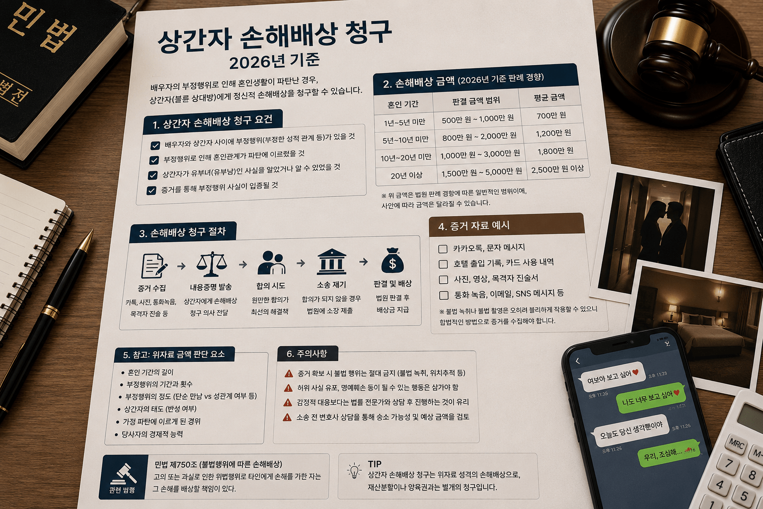 2026 상간자 위자료 소송｜상간녀·상간남 손해배상 조건·증거·금액 총정리