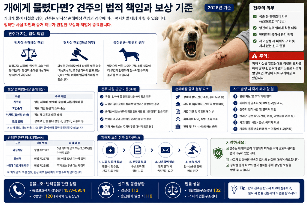 반려견 물림 사고 책임 및 보상 안내 인포그래픽