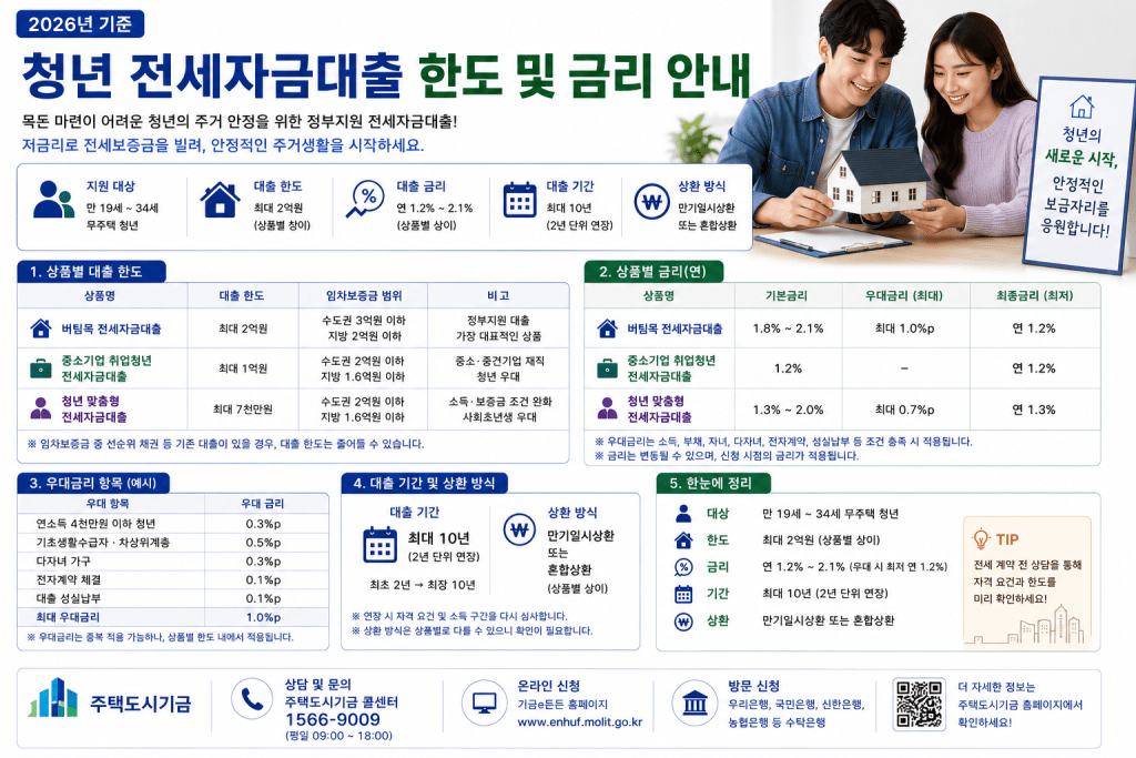 청년 전세자금대출 한도 및 금리 안내 인포그래픽