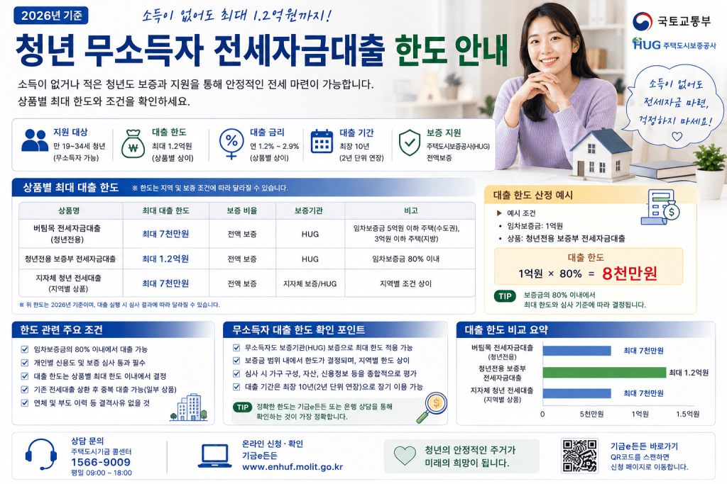 청년 무소득자 전세자금대출 한도 안내 인포그래픽