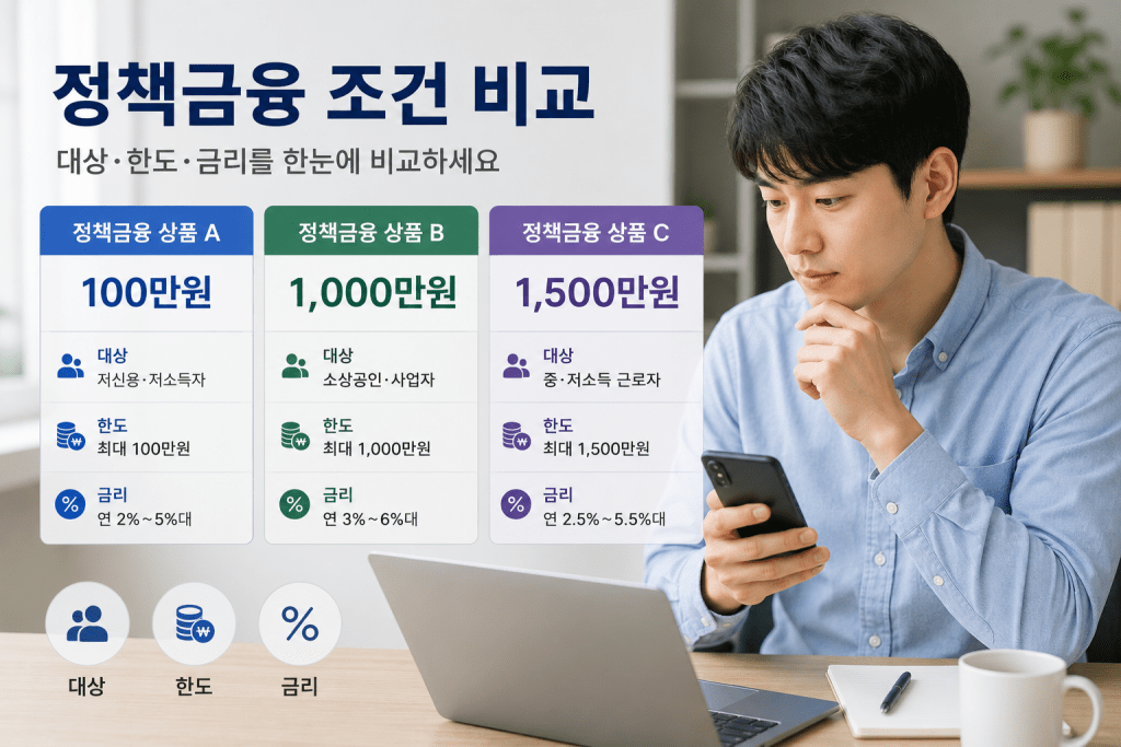 정책금융 조건 비교표와 휴대전화를 보는 남성