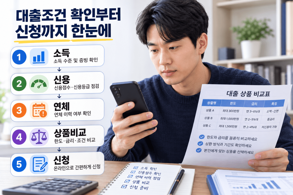 대출 신청 자격 확인 항목과 서류를 보는 남성