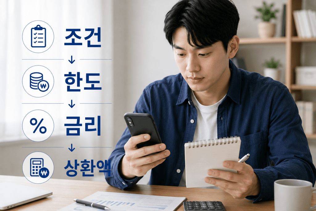휴대전화를 보는 남성과 대출 조건 확인 항목