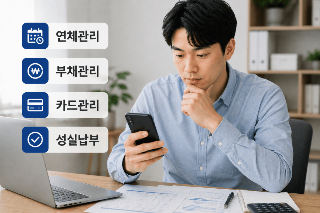 휴대전화를 보는 남성과 연체·부채 관리 항목