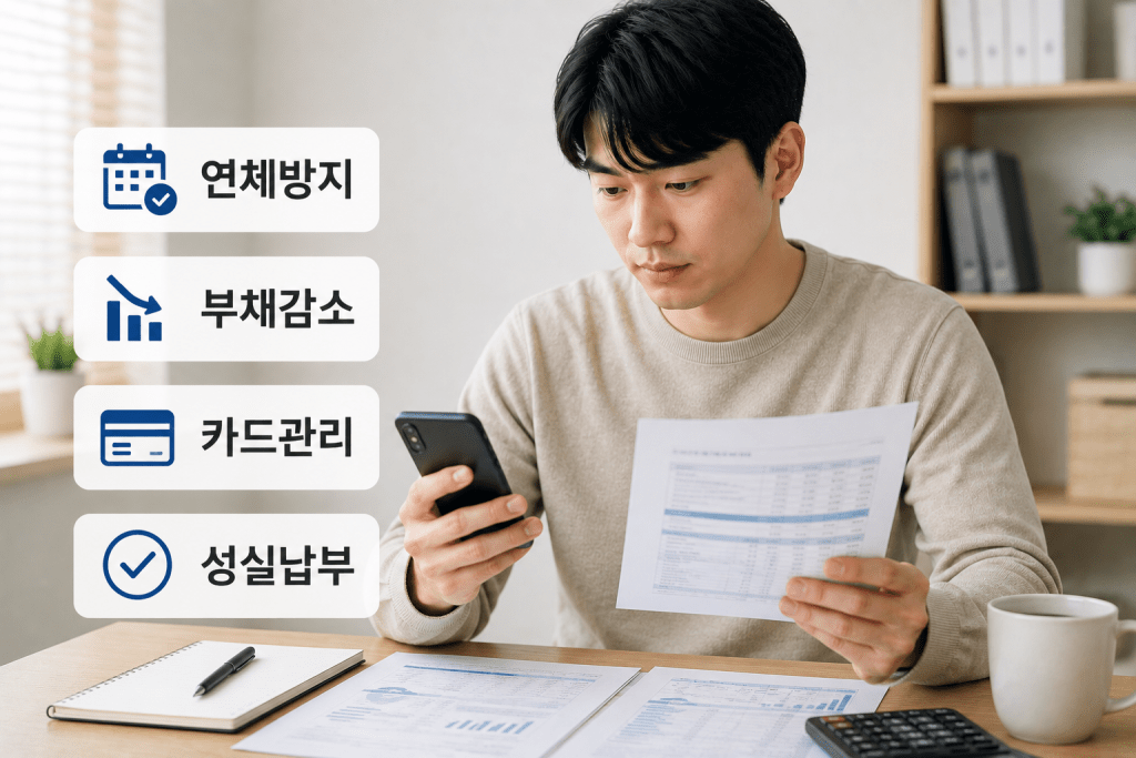 서류를 보는 남성과 연체 방지 확인 항목