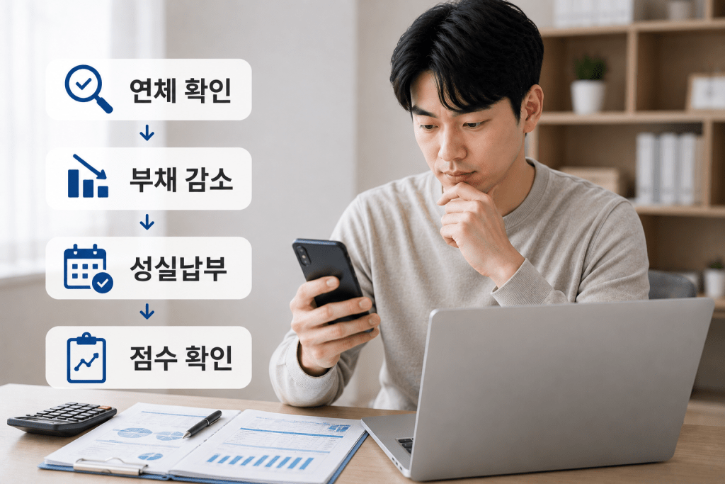 휴대전화를 보는 남성과 부채·접수 확인 항목