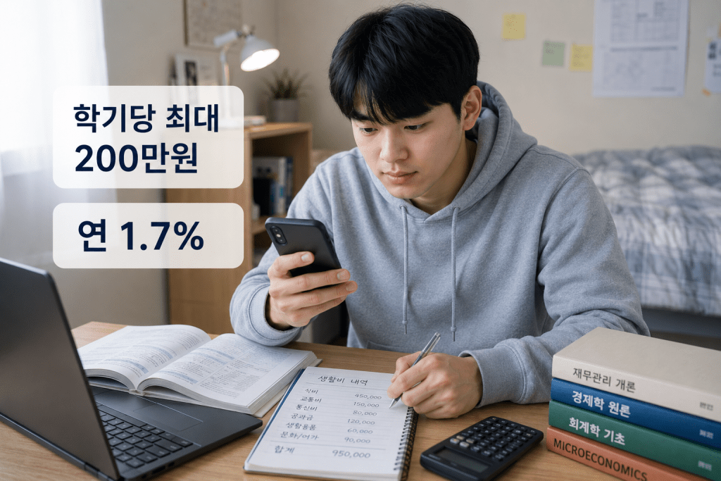 휴대전화를 보는 남성과 대출 안내 문구